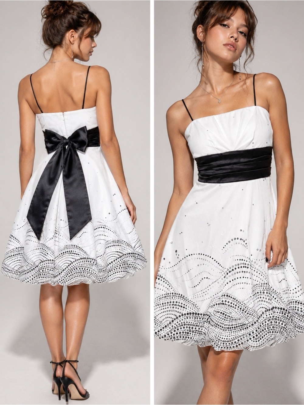 VTG Y2K 90s Le Chateau Woman White Satin Glitter Bow Waist Dress SMALL Whimsical